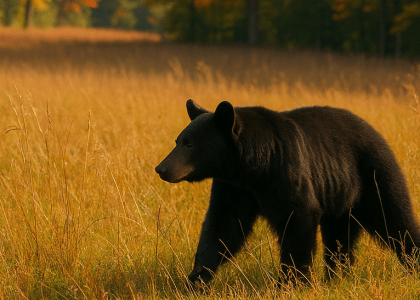 Black bear walking through tall golden grass in the Smoky Mountains during autumn.