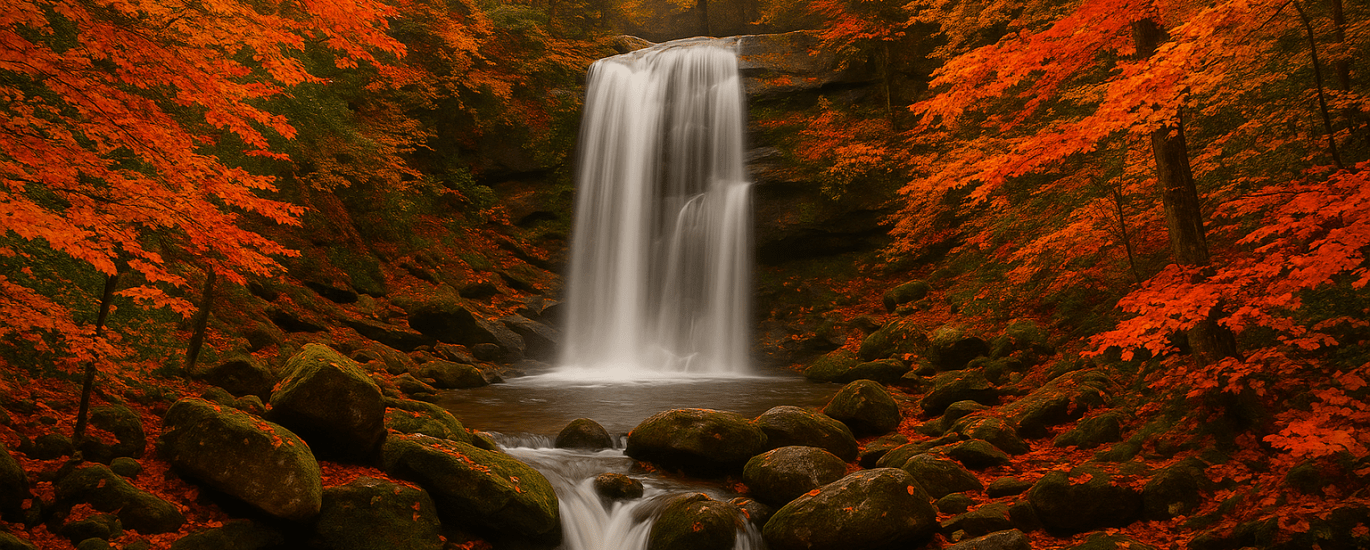 Waterfall cascading into a rocky stream surrounded by vibrant autumn foliage in the Smoky Mountains.