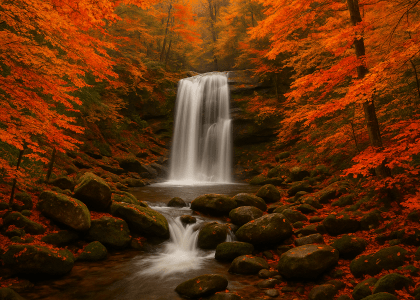 Waterfall cascading into a rocky stream surrounded by vibrant autumn foliage in the Smoky Mountains.