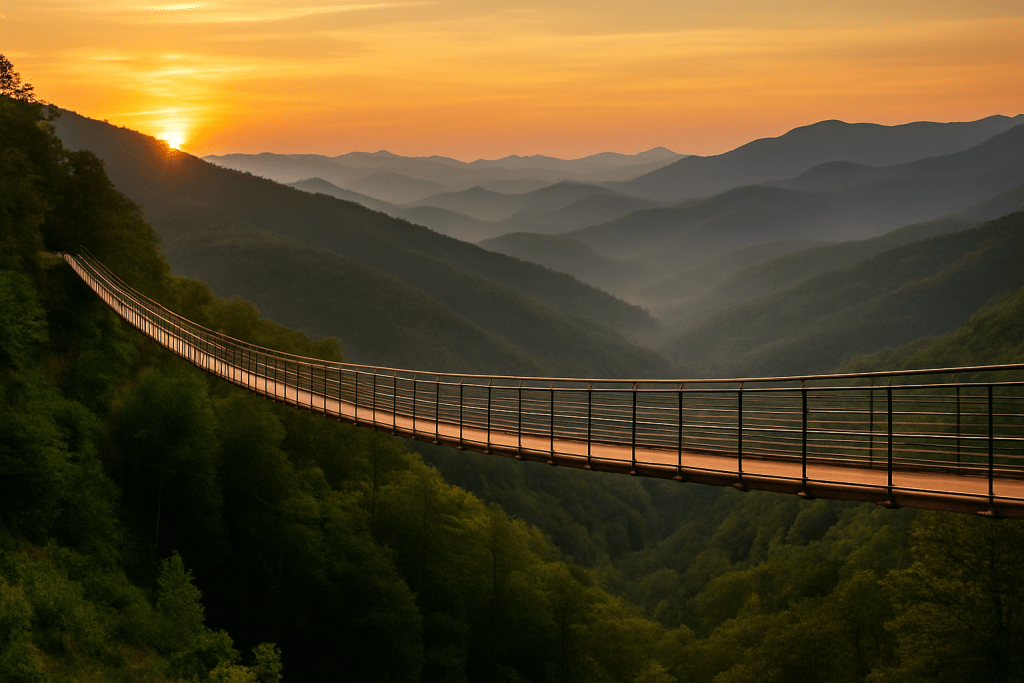 Gatlinburg SkyBridge at sunrise stretching across the Smoky Mountains with misty ridges in the background near Oak & Ember cabins in Tennessee.