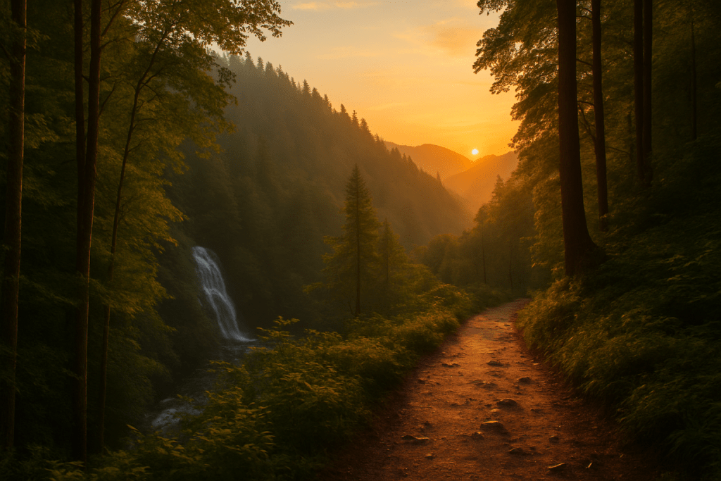Smoky Mountain hiking trail at sunrise with forest waterfall and misty ridges near Oak & Ember cabins in Sevierville, Tennessee.