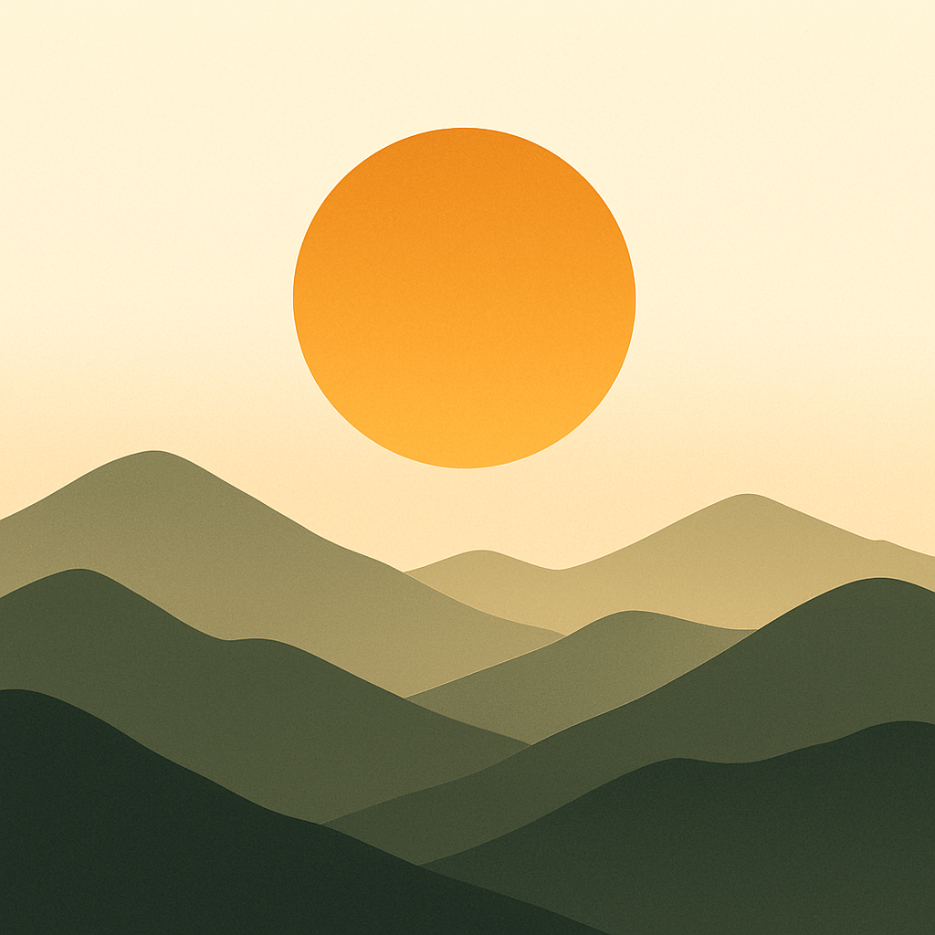 Minimalist illustration of the Smoky Mountains with layered green hills and a large orange sun above.