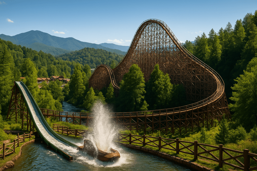 Dollywood theme park log flume water ride splashing with wooden roller coaster and Smoky Mountain views in the background near Oak & Ember cabins in Sevierville, Tennessee.