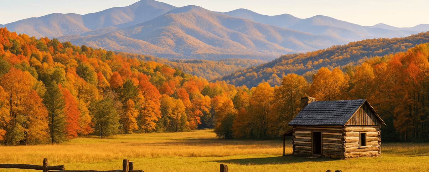 Panoramic view of the Great Smoky Mountains in early autumn with colorful fall foliage, a rustic log cabin, and a split-rail fence in a wide meadow under a clear blue sky.
