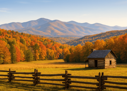 Panoramic view of the Great Smoky Mountains in early autumn with colorful fall foliage, a rustic log cabin, and a split-rail fence in a wide meadow under a clear blue sky.
