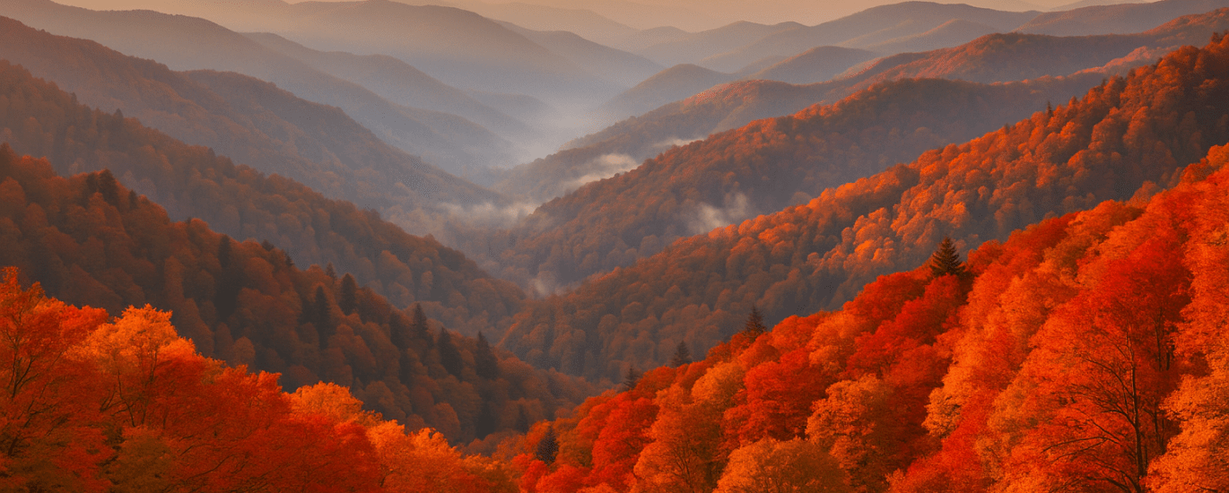 Autumn sunrise over the Smoky Mountains with vibrant red, orange, and gold foliage covering rolling hills and mist rising in the valley.