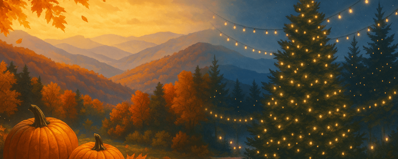 Smoky Mountain seasonal scene with fall pumpkins, autumn leaves, and a glowing Christmas tree lit with string lights under a starlit sky.