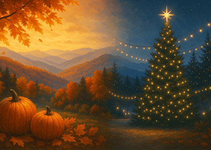 Smoky Mountain seasonal scene with fall pumpkins, autumn leaves, and a glowing Christmas tree lit with string lights under a starlit sky.
