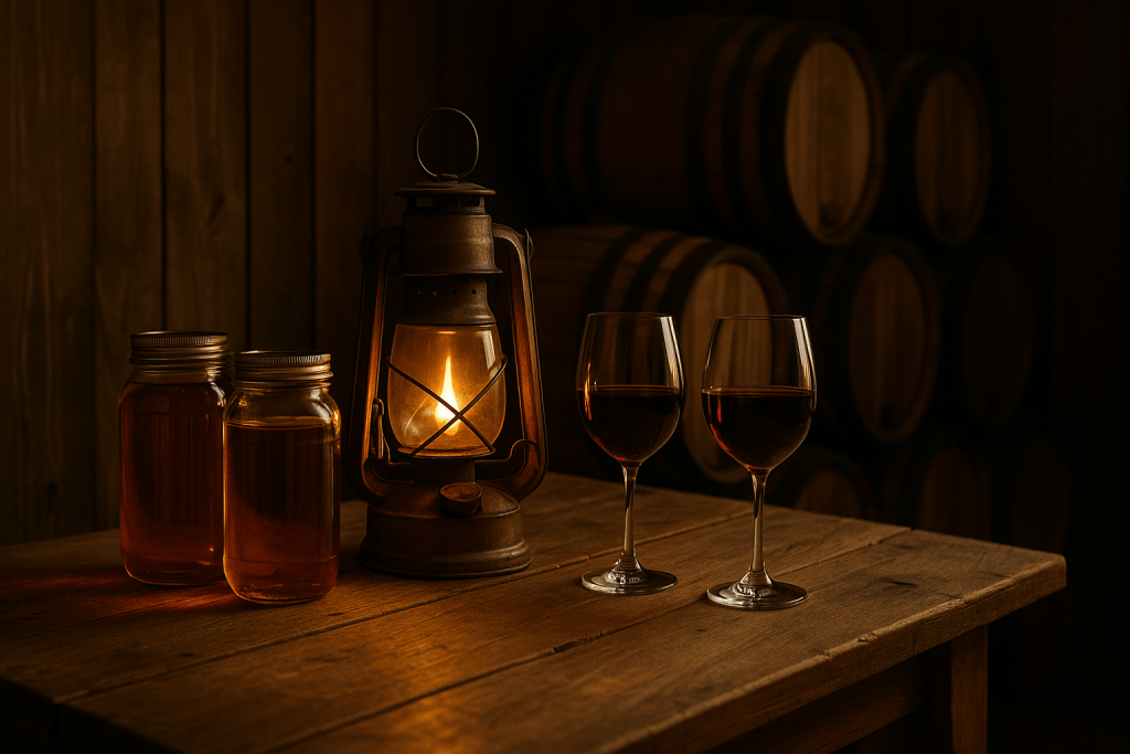 Rustic distillery scene with mason jars of moonshine, wine glasses, and whiskey barrels lit by lantern light in the Smoky Mountains near Oak & Ember cabins.