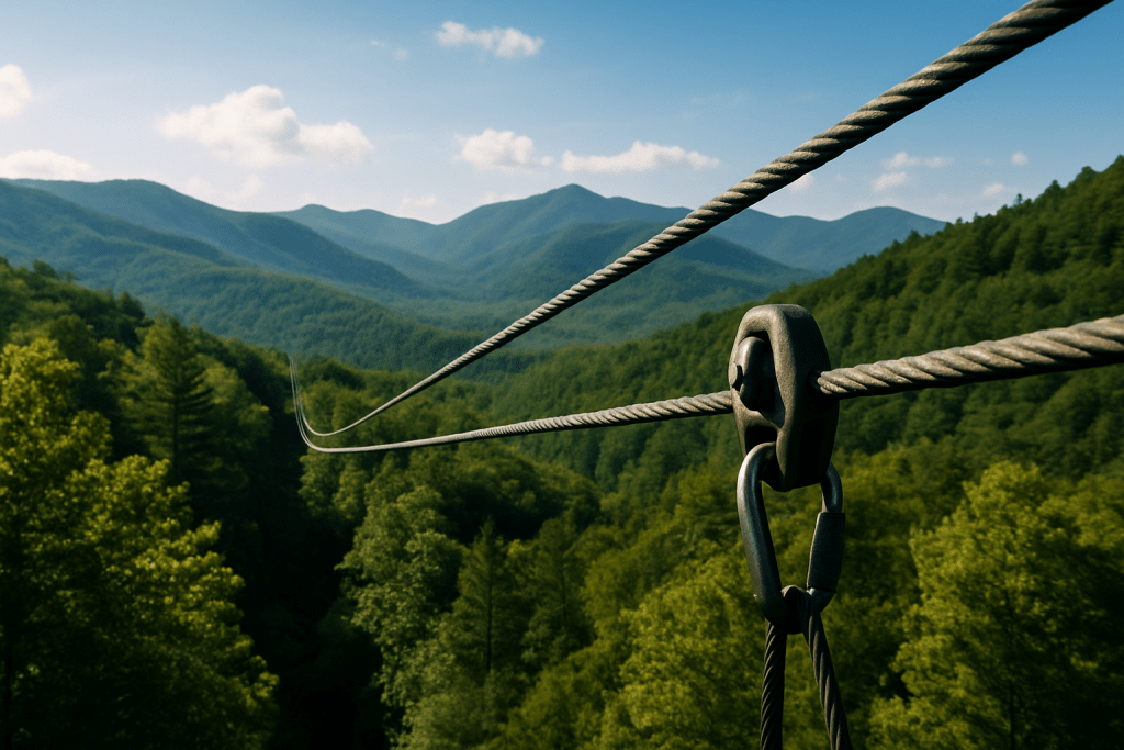Zipline adventure over the Smoky Mountains with panoramic forest and ridge views near Oak & Ember cabins in Sevierville, Tennessee.