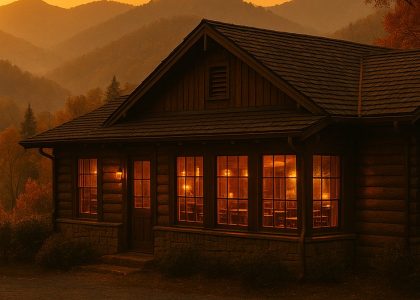 Cozy rustic restaurant in the Smoky Mountains glowing at sunset with warm amber lights, surrounded by autumn trees and misty mountain ridges.