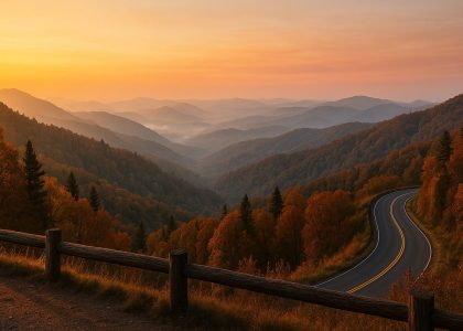 Winding mountain road overlooking misty blue ridges in the Great Smoky Mountains during golden hour, glowing with sunrise and sunset light and surrounded by autumn trees.