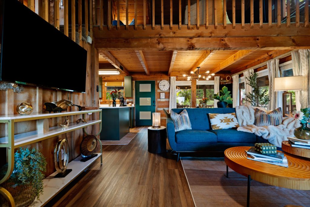 Living room with TV and shelving at Dancing Embers cabin