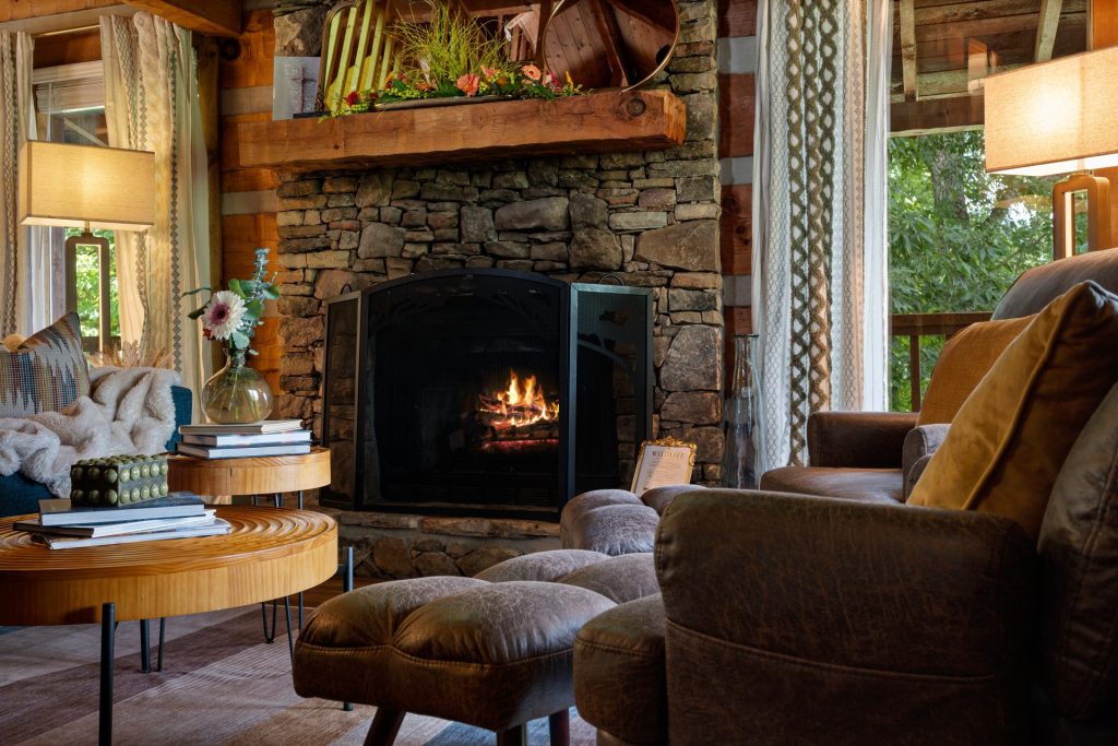 Close-up of living room fireplace at Dancing Embers cabin