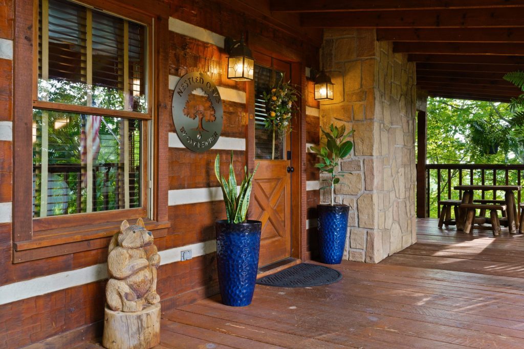 Front porch entry at Nestled Oaks cabin