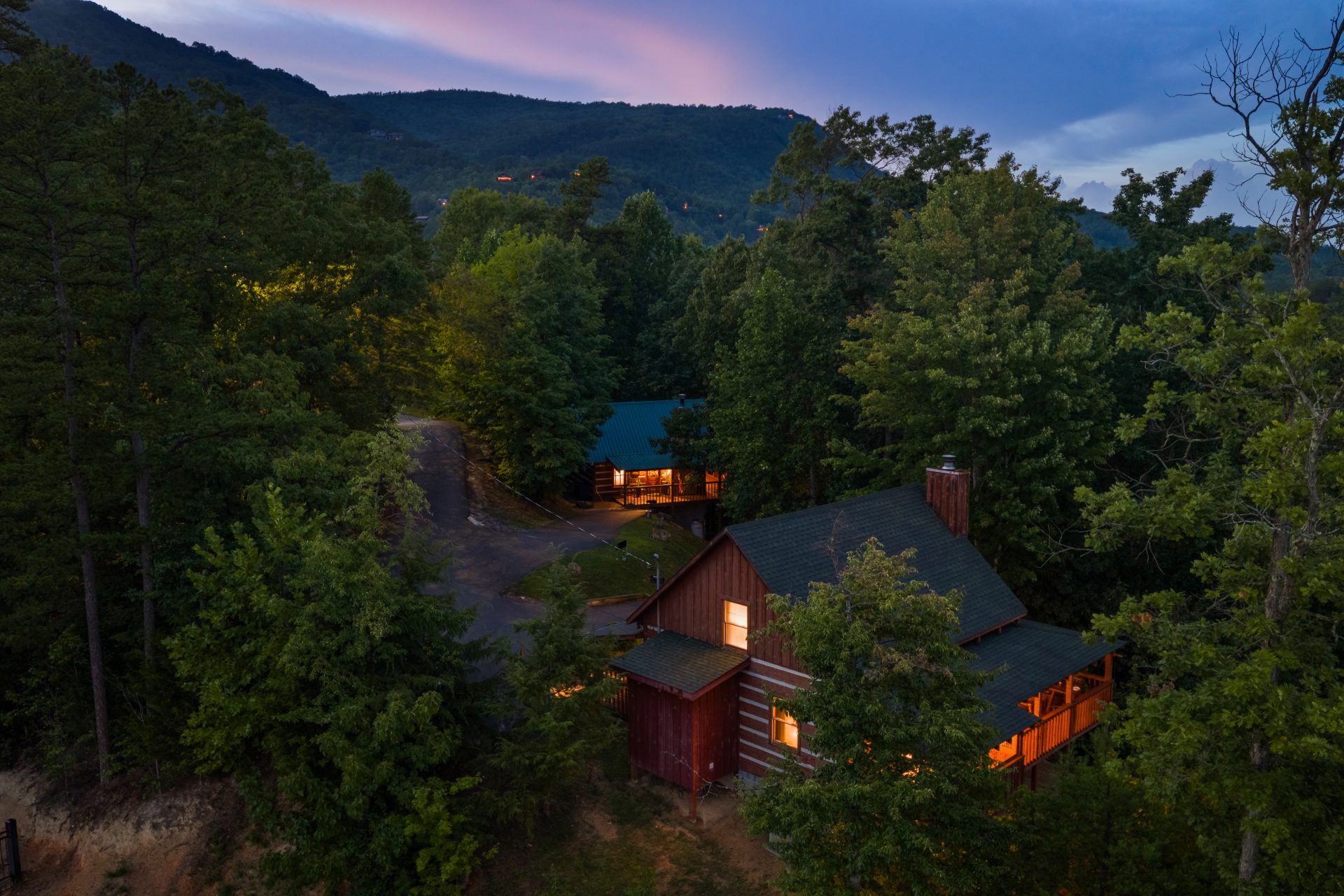 Aerial twilight exterior view of Dancing Embers cabin, Sevierville, TN