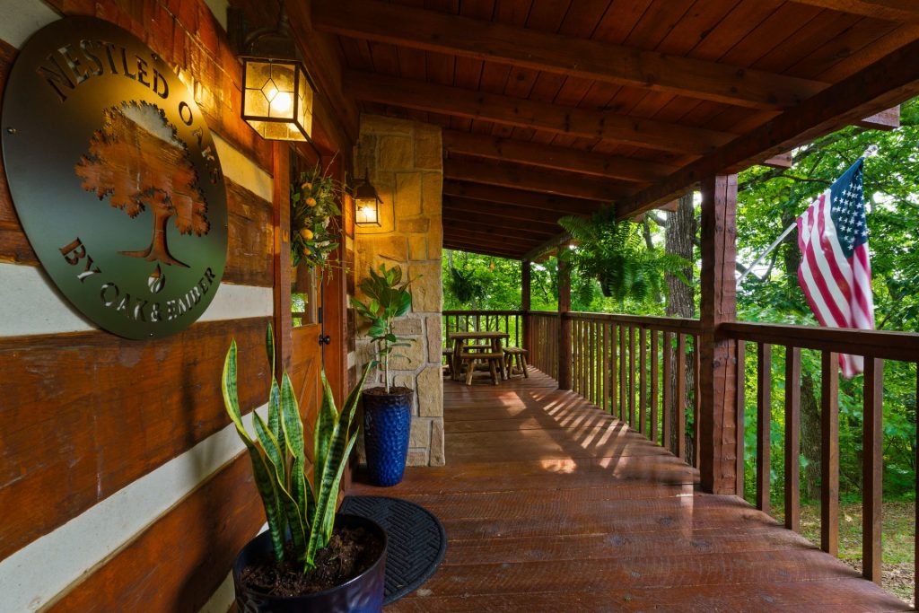 Screened porch view at Nestled Oaks cabin