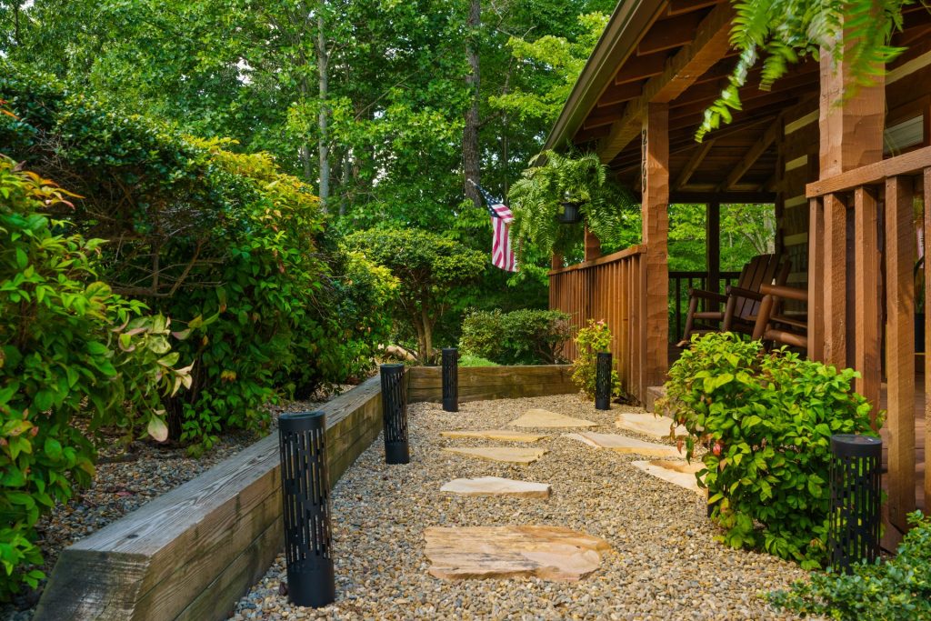 Garden path leading to the entrance of Dancing Embers cabin