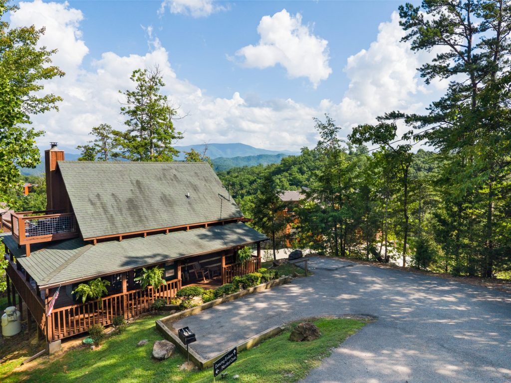 Daytime aerial exterior view of Dancing Embers cabin