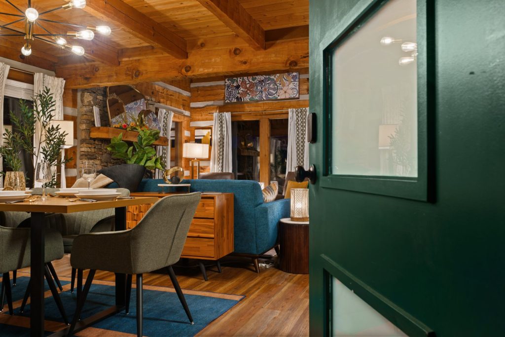 Open-concept living and dining area at Dancing Embers cabin