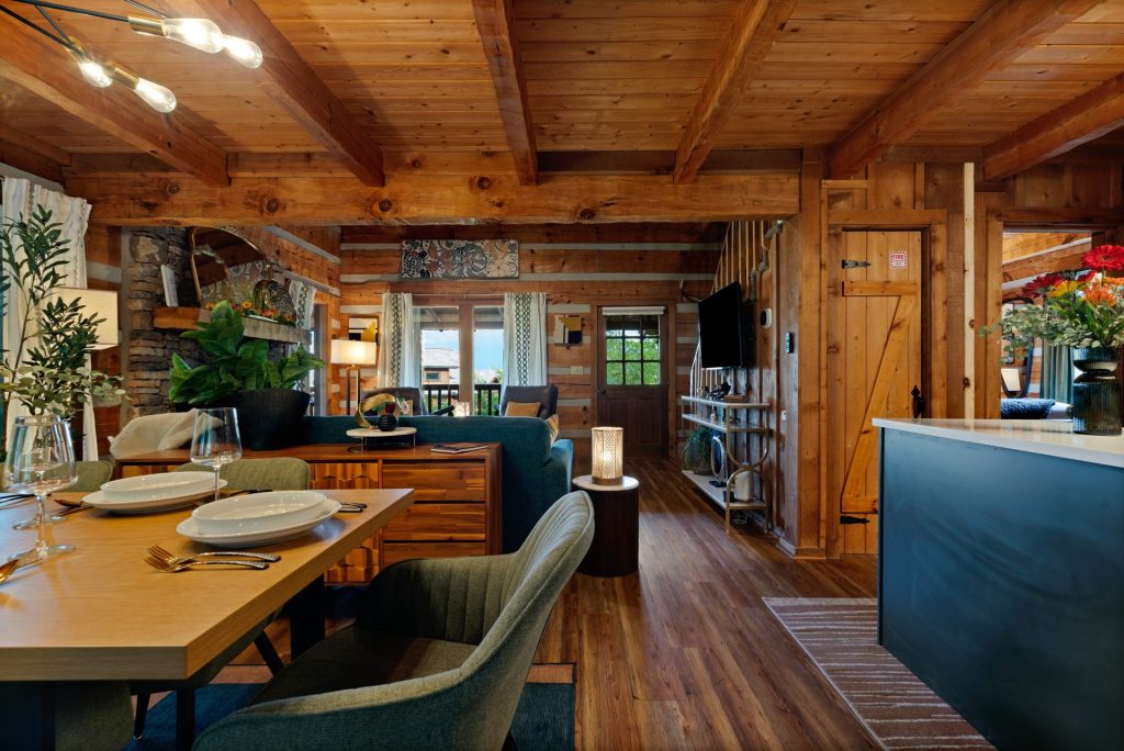 Open view of dining area and kitchen at Dancing Embers cabin
